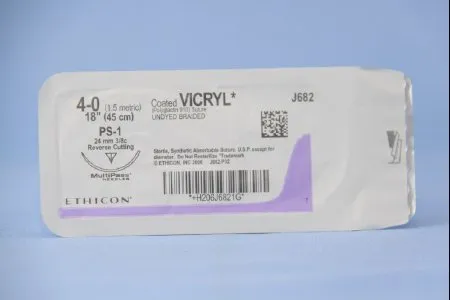 J & J Healthcare Systems - Coated Vicryl - J682h - Absorbable Suture With Needle Coated Vicryl Polyglactin 910 Ps-1 3/8 Circle Reverse Cutting Needle Size 4 - 0 Braided
